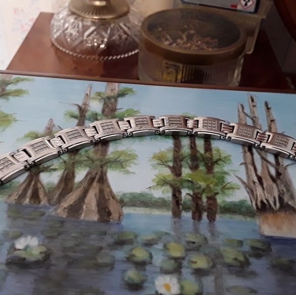 BRUSHED STAINLESS STEEL & DIAMOND BRACELET 8.5 " - Picture 7 of 8